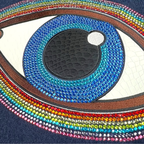 Minnie Rose 100% Cashmere Dark Blue Sweater with Evil Eye Gemstone Design Size M - Picture 7 of 11